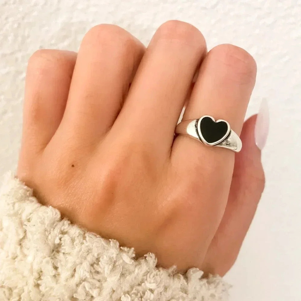 925 Sterling Silver Black Heart Ring Minimalist Dainty Ring Resizable Ring
